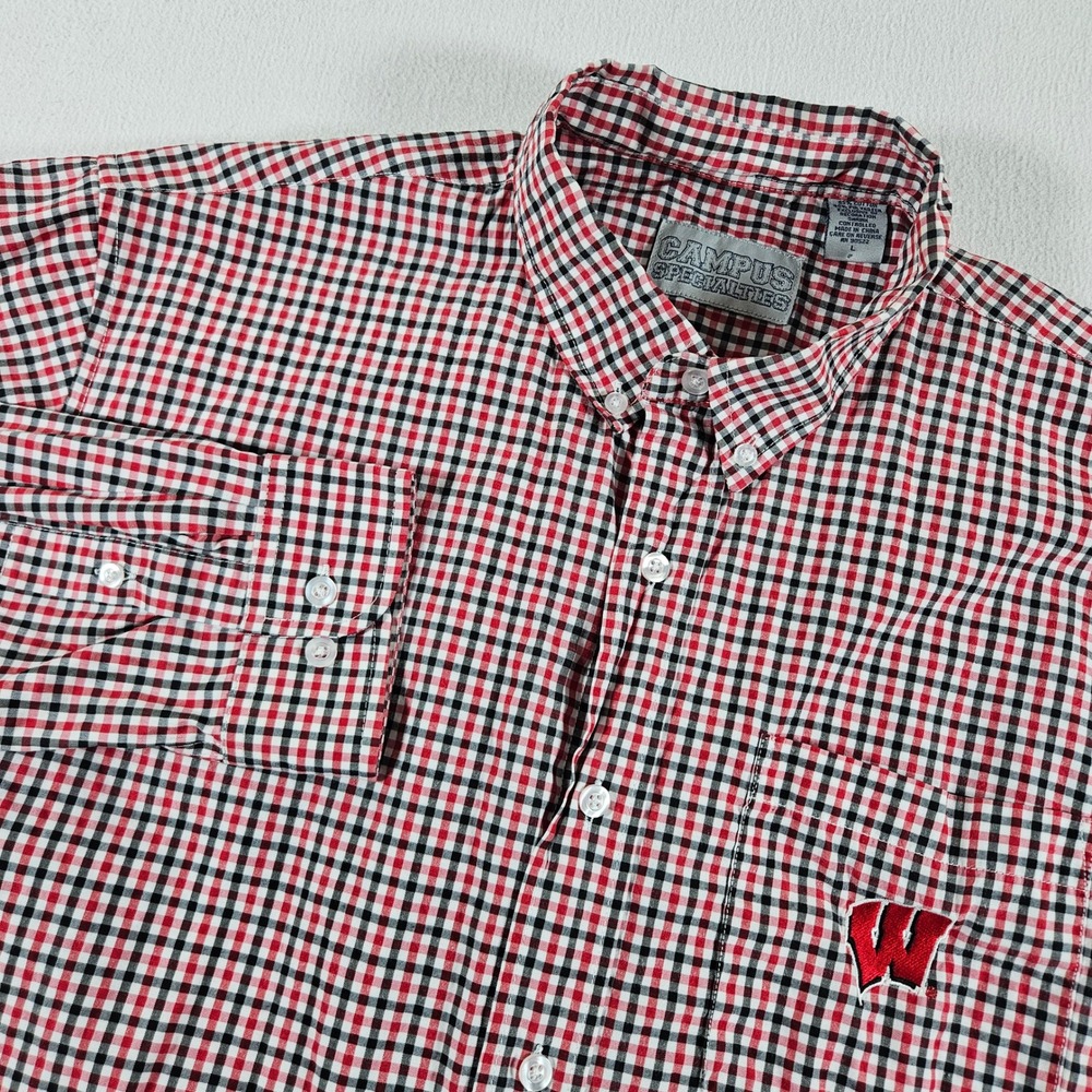 Campus Specialties Button Down Shirt Mens L Red Black Wisconsin Badgers Check